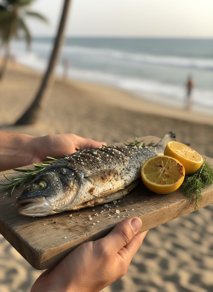 Peixe grelhado na praia